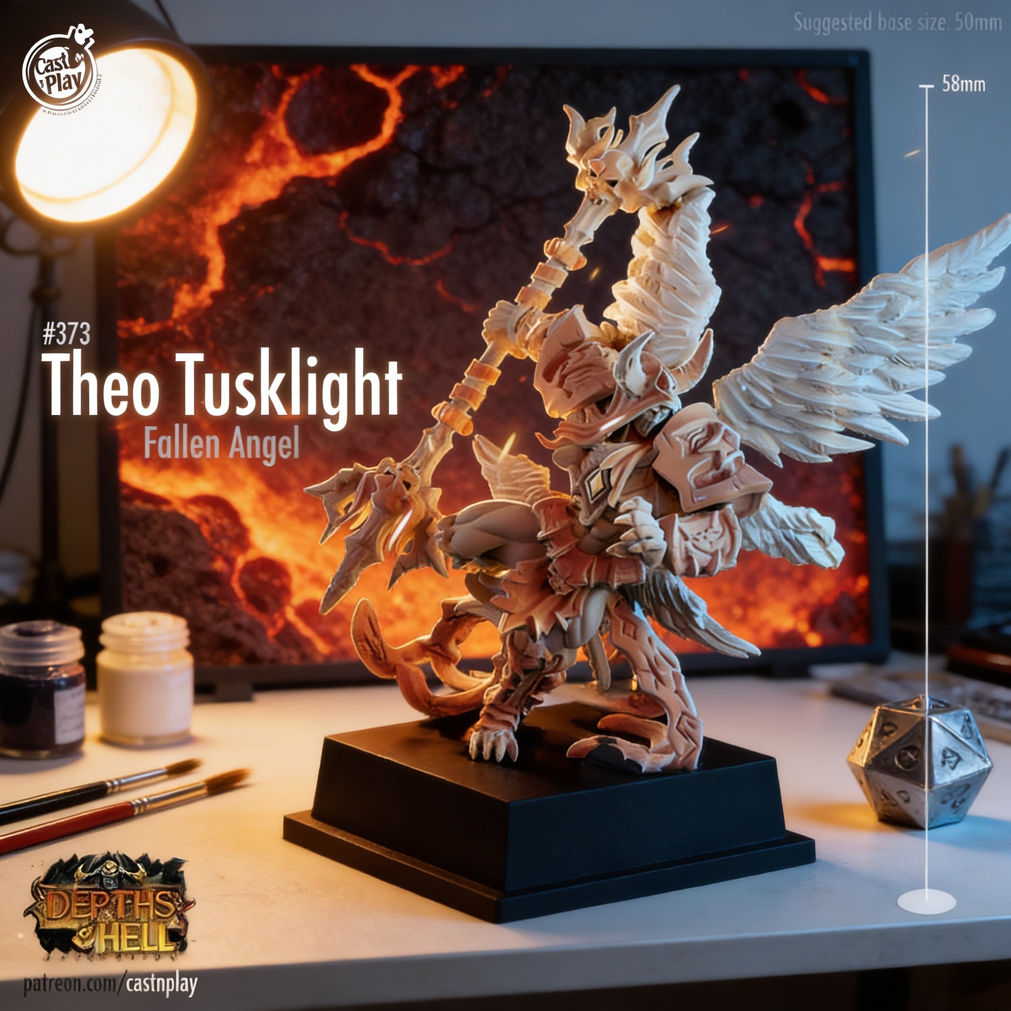 a figurine of a winged creature, possibly a dragon or serpent, with a fiery background. The figurine is placed on a black pedestal and is surrounded by various objects, such as a lamp, a jar, and a dice. The image also includes text that reads "Theo Tuslight Fallen Angel" and "Theo Tuslight" is written in a stylized font.