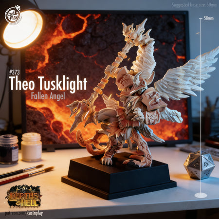 a figurine of a winged creature, possibly a dragon or serpent, with a fiery background. The figurine is placed on a black pedestal and is surrounded by various objects, such as a lamp, a jar, and a dice. The image also includes text that reads "Theo Tuslight Fallen Angel" and "Theo Tuslight" is written in a stylized font.