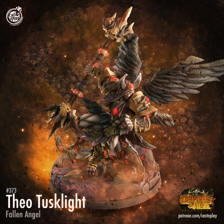 a detailed and intricate fantasy character, specifically a fallen angel named Theo Tusklight, who is shown in a dynamic pose with wings and a staff.